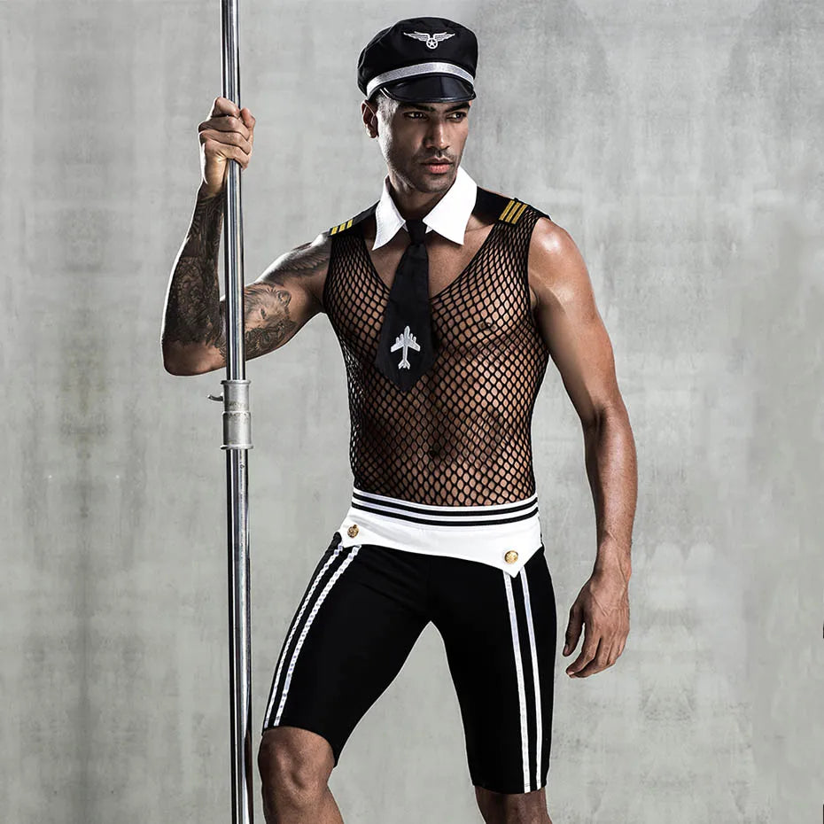 Erotic Mesh Catsuit Pilot Policemen Uniform Lingerie Set