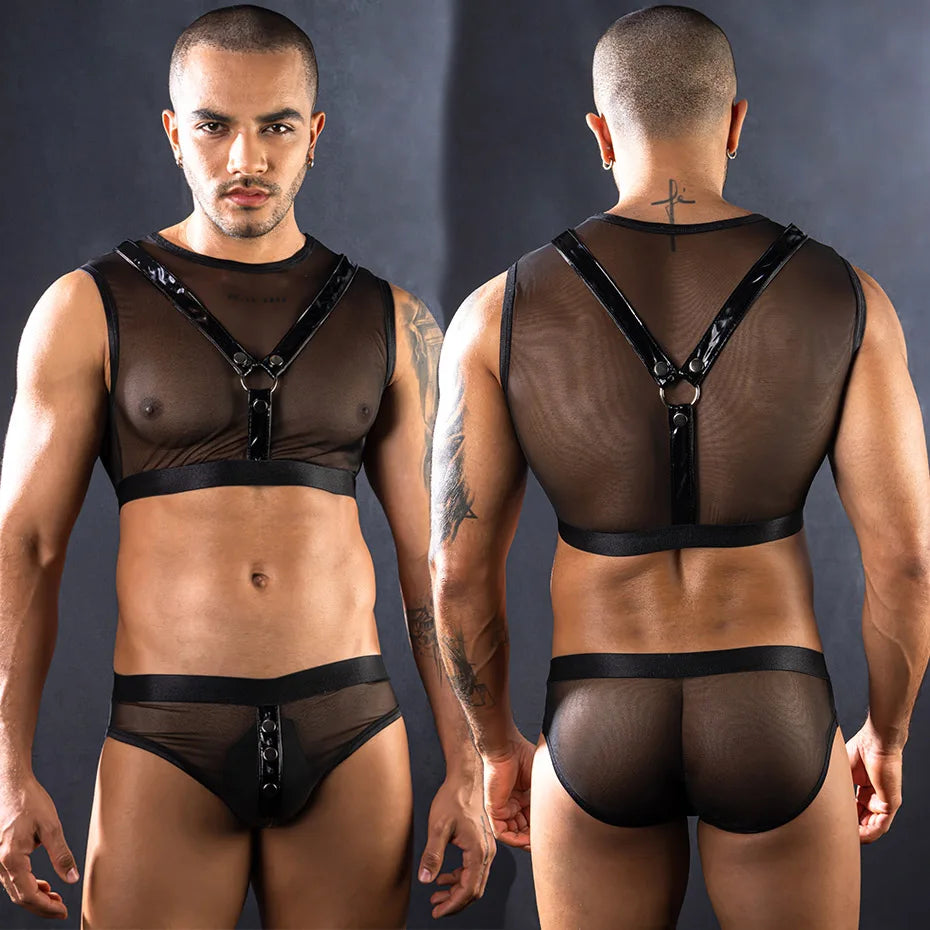 Men Leather Top & Pant Set 2 Piece Alluring Lingerie