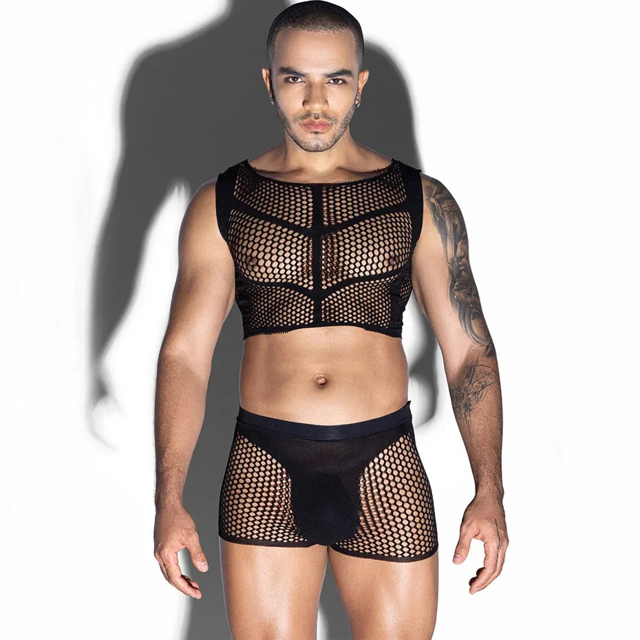 Men Fishnet Bodysuit And Pants Set Alluring Lingerie