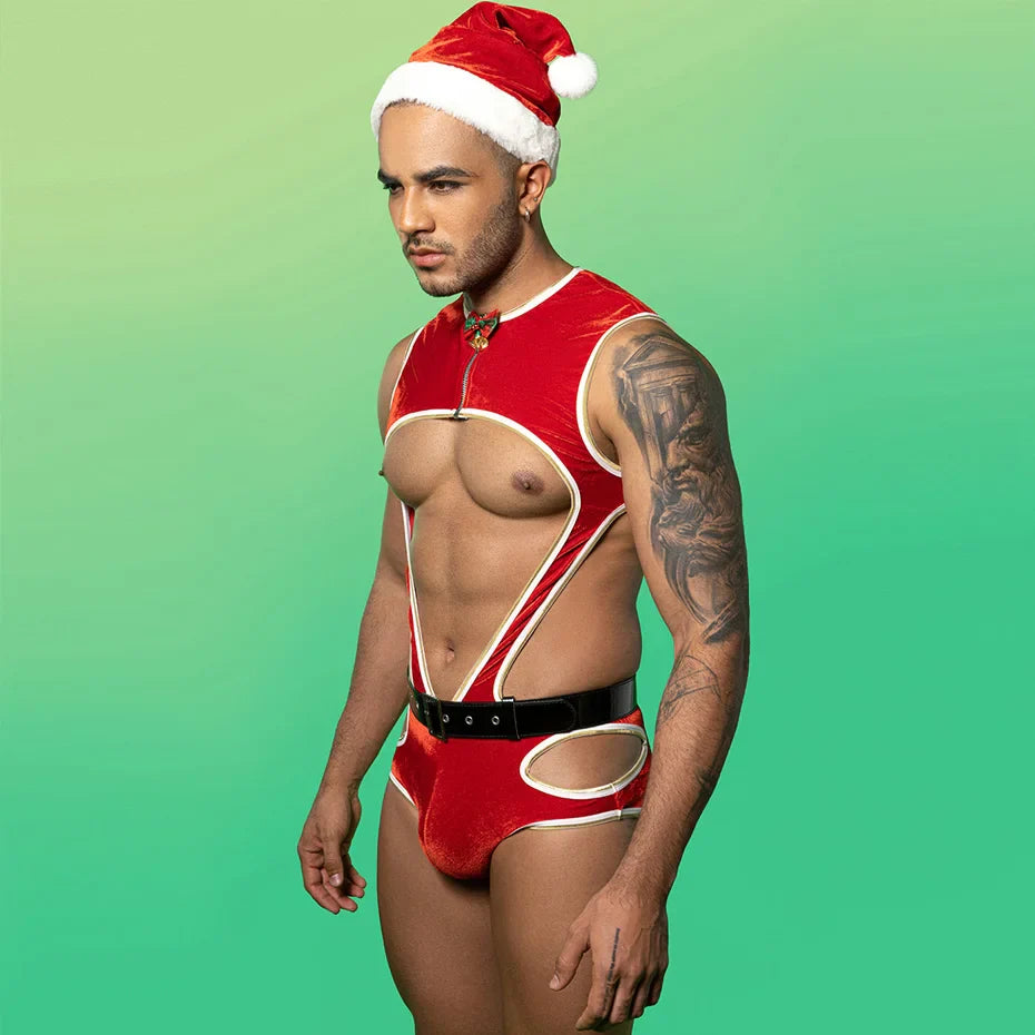 Red Hollow Out Bodysuit Nightwear Set For Men Alluring