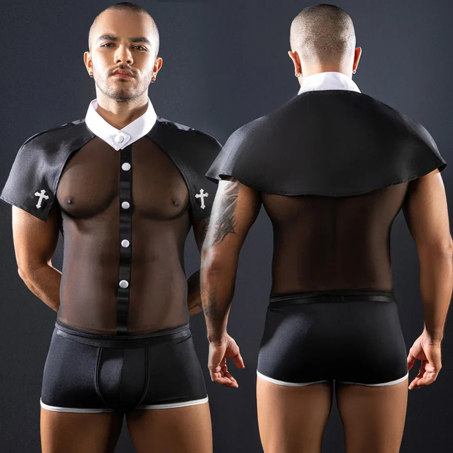 Alluring Priest Cosplay Lingerie Men Black Bodysuit