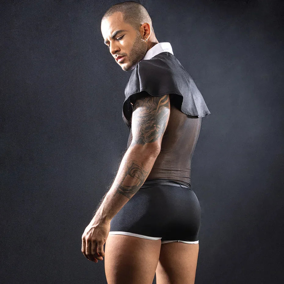 Alluring Priest Cosplay Lingerie Men Black Bodysuit