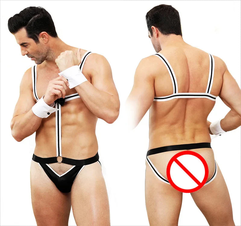 Alluring Army Cosplay Lingerie Set Men Leather Bodysuit