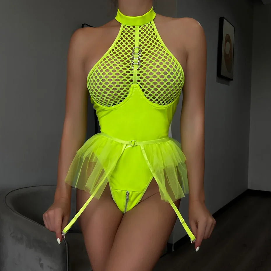 Alluring Lace Bodysuit Lingerie Set Halter Open Crotch