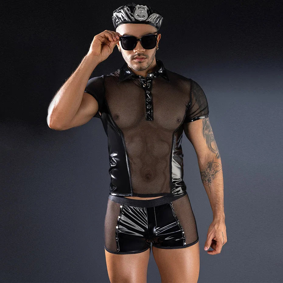 Alluring Police Uniform Cosplay Lingerie Set Black Leather