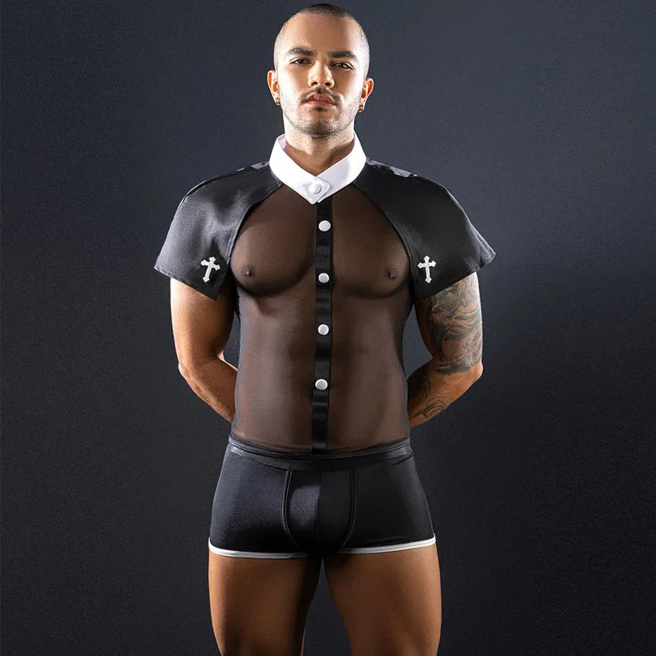 Alluring Priest Cosplay Lingerie Men Black Bodysuit