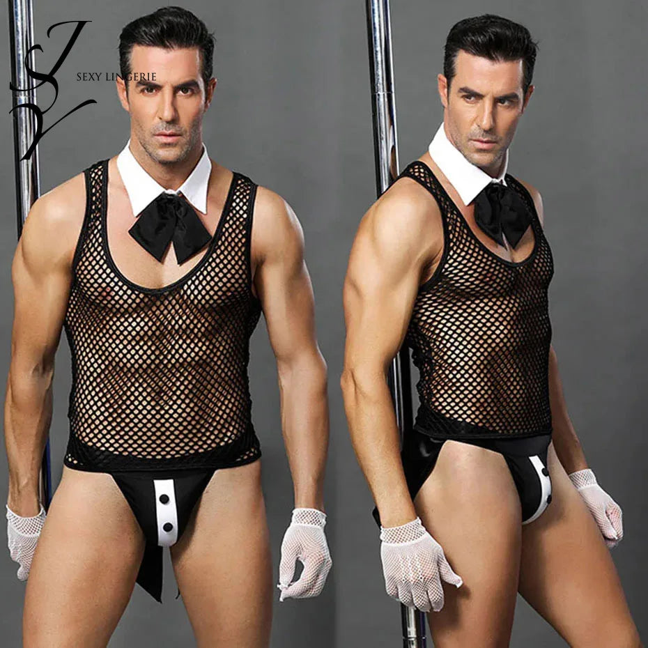 Alluring Waiter Cosplay Lingerie Men Halter Bodysuit