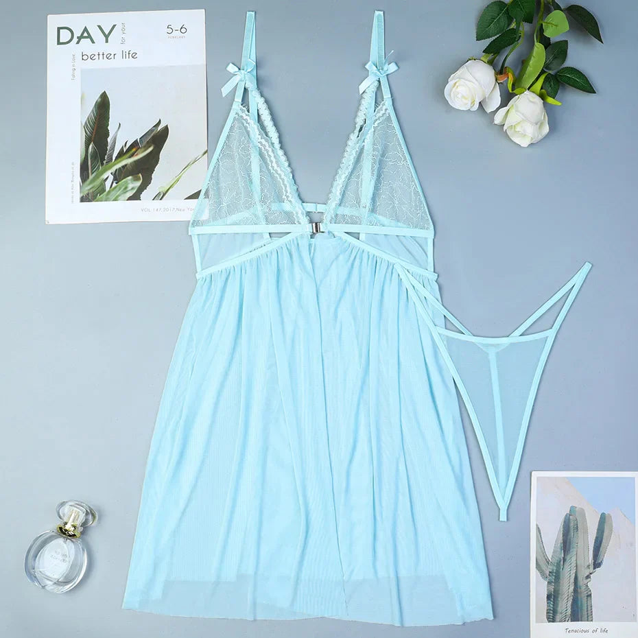 Alluring Lace Babydoll Nightgown Women Transparent Lingerie
