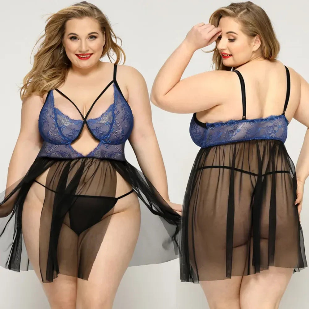 Alluring Lace Babydoll Nightgown Set Plus Size Red Lingerie