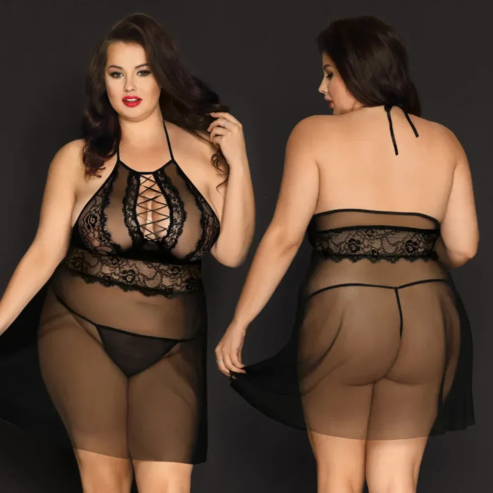 Alluring Lace Babydoll Nightgown Set Plus Size Red Lingerie