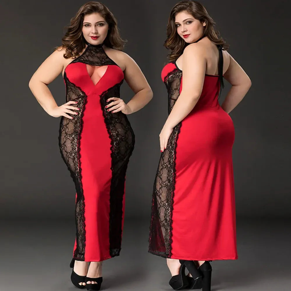 Alluring Lace Babydoll Nightgown Set Plus Size Red Lingerie