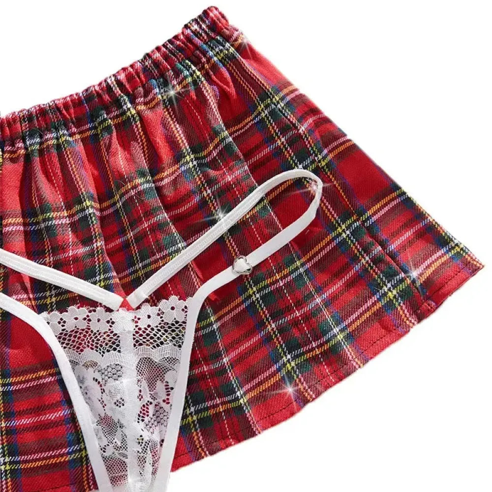 Flirty Plaid Schoolgirl Set Bralette Skirt Tie