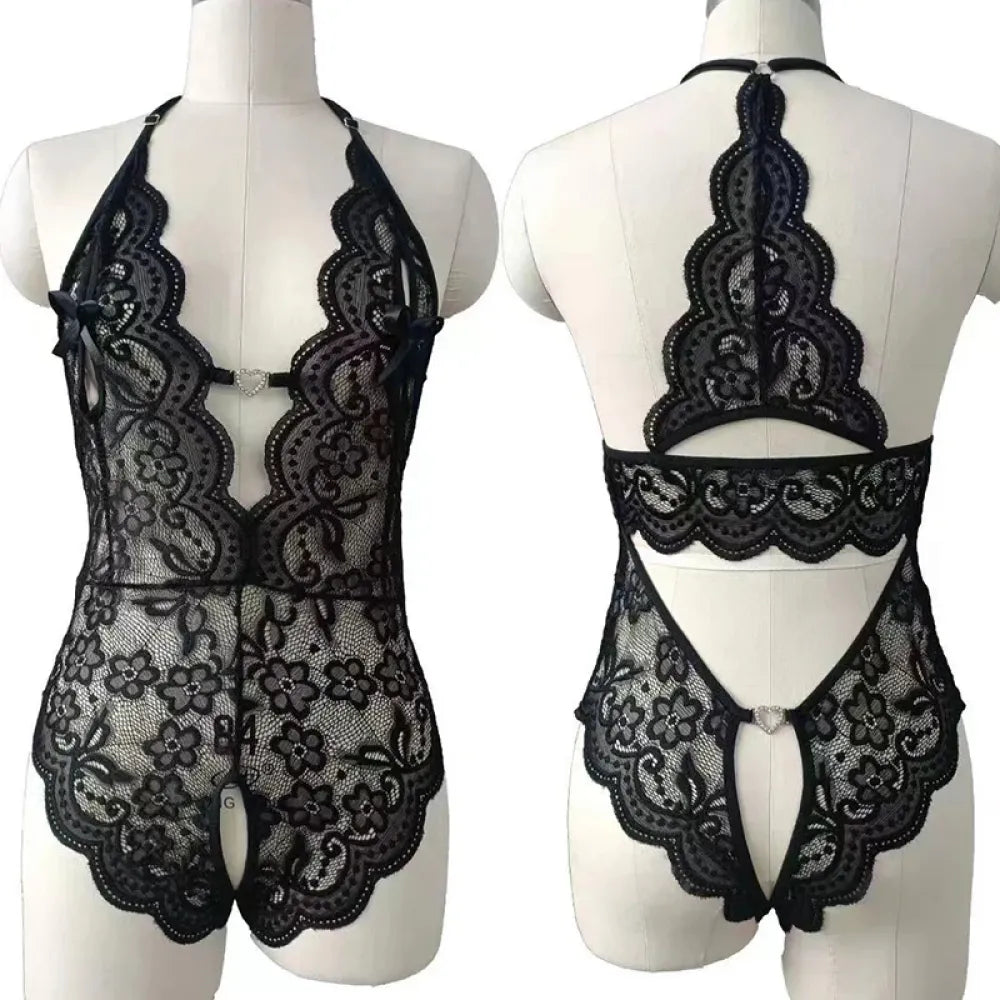 Lace Crotchless Bodysuit Deep V Neck