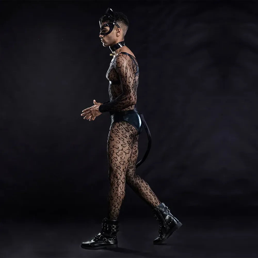 Men Fishnet Bodysuit & Lingerie Set Alluring Cat Cosplay